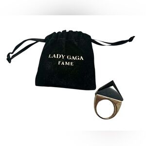 Lady Gaga Fame Black and Gold Geometric Ring with Pouch